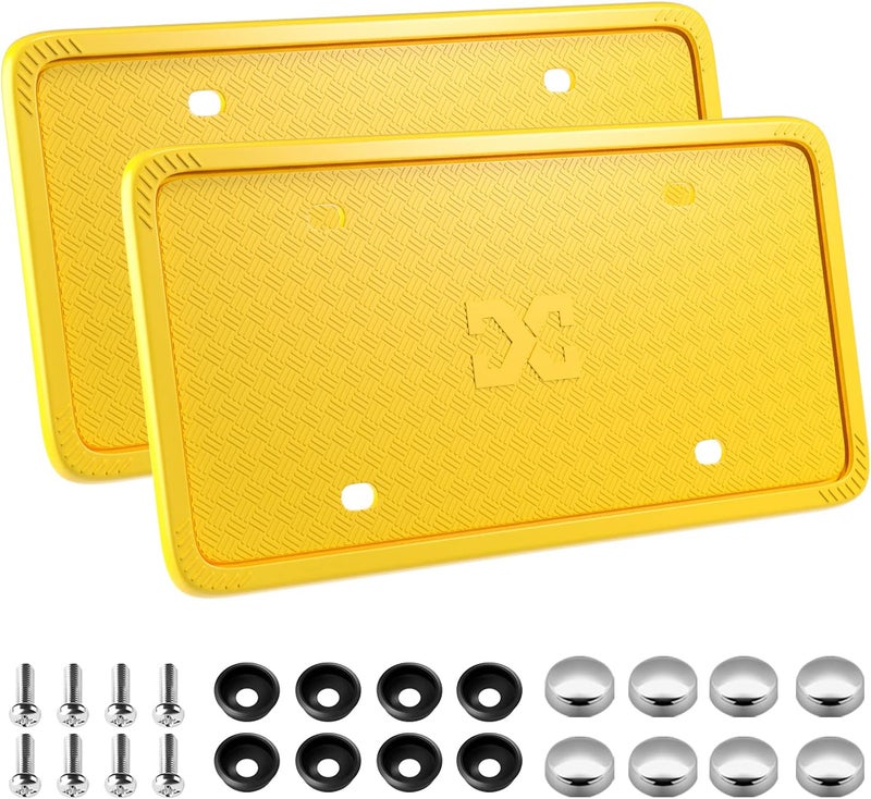 XCLPF Silicone License Plate Frame Covers 2 Pack- Front and Back Car Plate Bracket Holders. Rust-Proof, Rattle-Proof, Weather-Proof (Yellow) - Image 1
